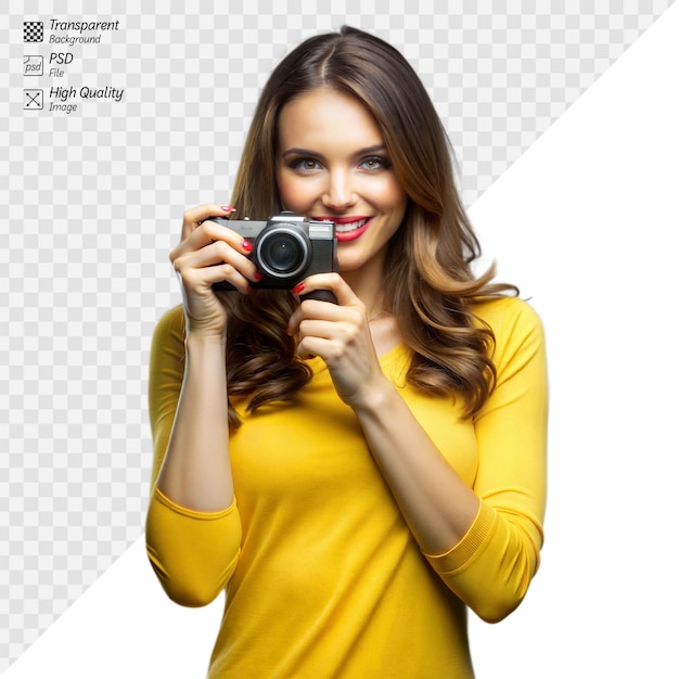 PSD smiling woman photographing with camera on transparent background