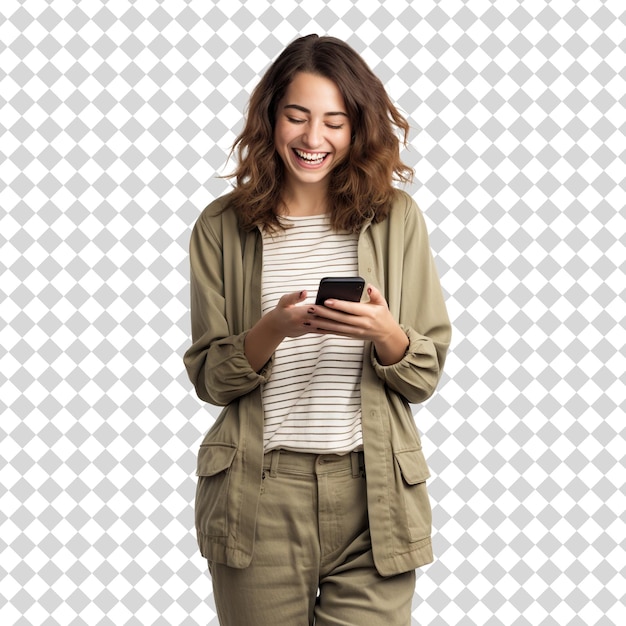 Smiling woman using smart phone isolated on transparent background PNG file format