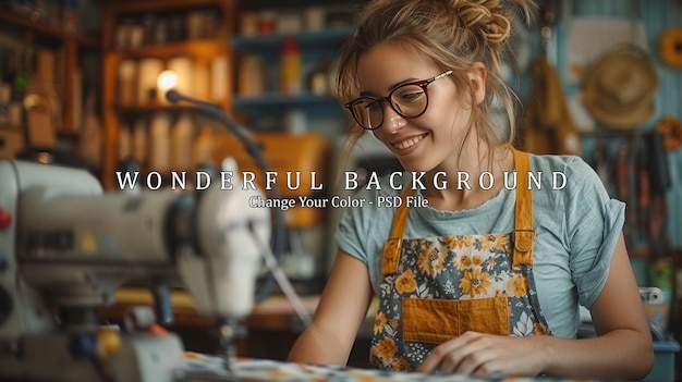 PSD smiling woman with blonde hair wearing glasses in overalls sewing on a sewing machine in a workshop