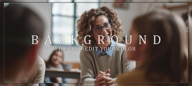 PSD smiling woman with curly hair in a room