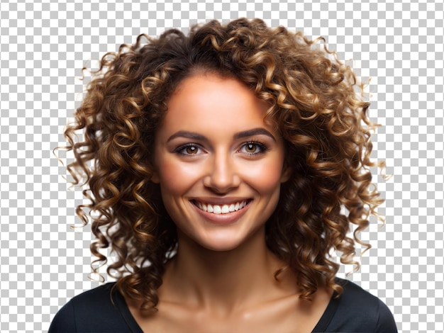 PSD a smiling woman with curly hair showcasing her beauty against a plain background in a studio setting transparent