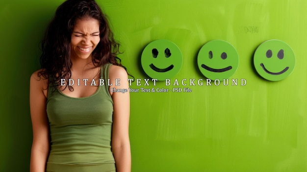 PSD smiling woman with emojis on green wall