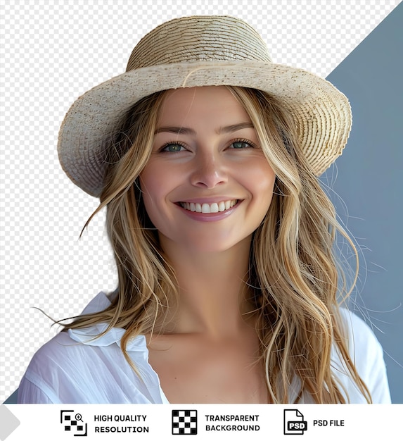 smiling woman with straw hat and white shirt featuring blue and brown eyes a nose and blond hair png psd