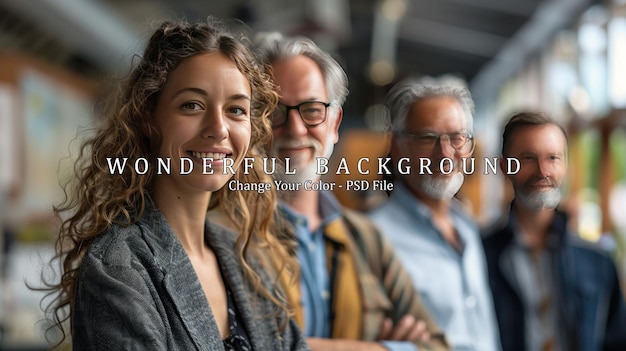 PSD smiling woman with three men in the background