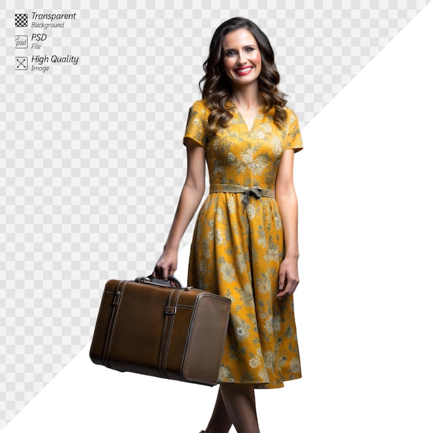 Smiling woman in yellow dress holding suitcase on transparent background