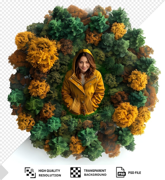 Smiling Woman in Yellow Jacket Standing in a Circle of Trees with Transparent Background