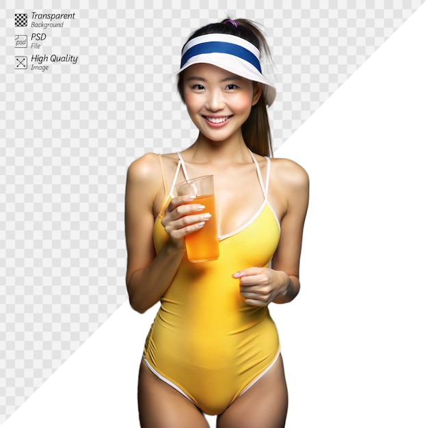 PSD smiling woman in yellow swimsuit holding a glass of orange drink