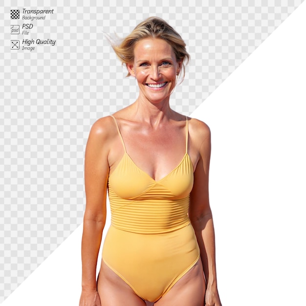 PSD smiling woman in yellow swimsuit on transparent background