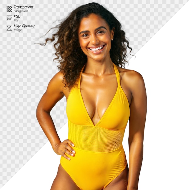 PSD smiling woman in yellow swimsuit on transparent background