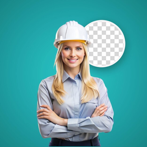 PSD smiling young blonde engineer builder girl in uniform in dental braces holding clipboard on isolated