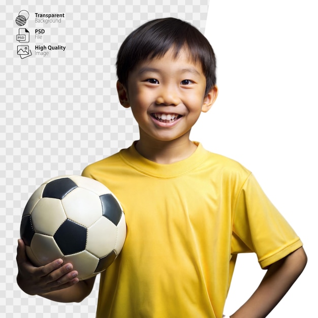 Smiling Young Boy Holding Soccer Ball in Yellow Shirt