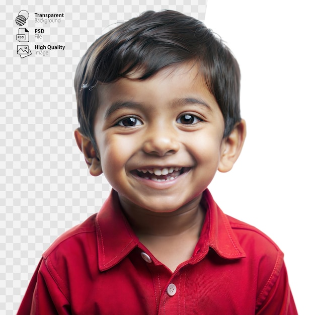 PSD smiling young boy in red shirt portrait on transparent background