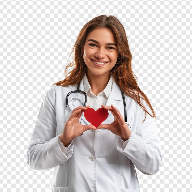 Smiling young female doctor making heart gesture with hand standing on transparency background PSD