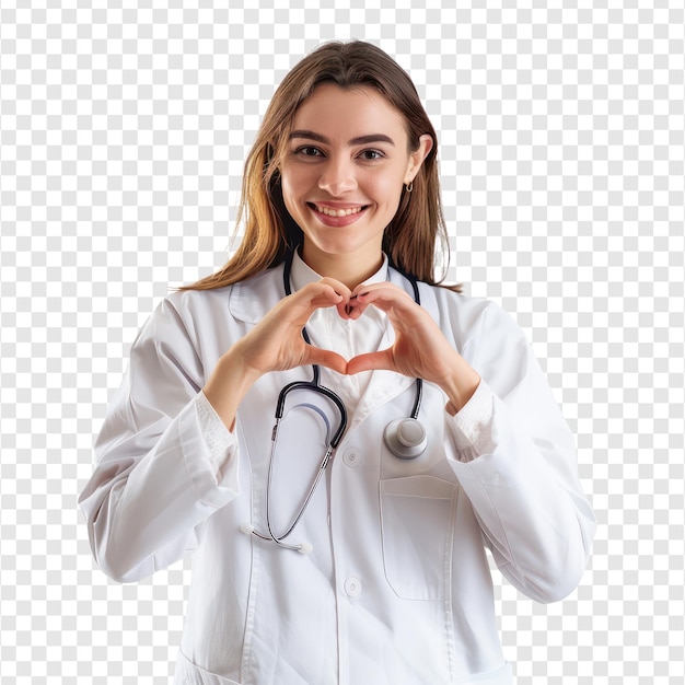 PSD smiling young female doctor making heart gesture with hand standing on transparency background psd