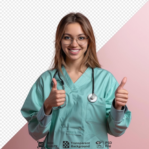 smiling young female doctor wearing glasses uniform and stethoscope around her neck looking camera showing thumbs up