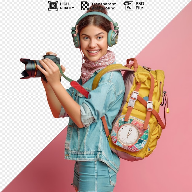 smiling young female student wearing headphones and bandana neck and backpack standing profile view grabbing backpack looking camera showing alarm clock