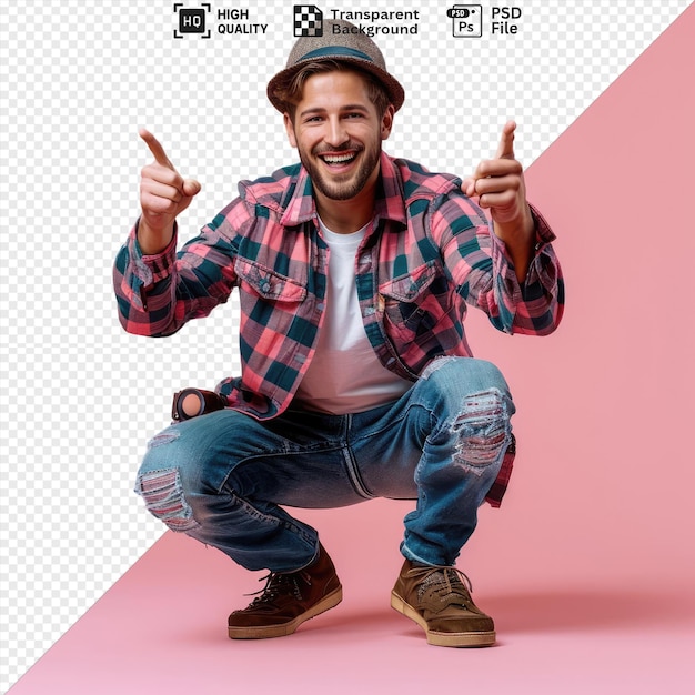 smiling young handsome man pointing himself with hands while looking camera wearing a plaid shirt blue jeans and brown shoes with a gray and green hat on his head png psd