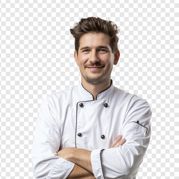 PSD smiling young male chef with crossed arms looking at camera on transparency background psd