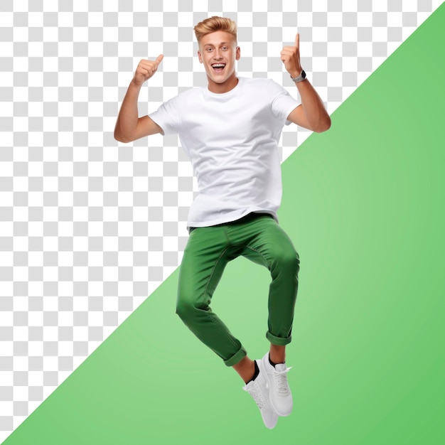 PSD smiling young man celebrating jumping portrait adult