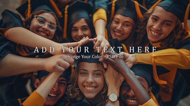 PSD smiling young students in robes celebrate university graduation