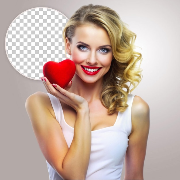 PSD smiling young woman offering with heart on transparent background