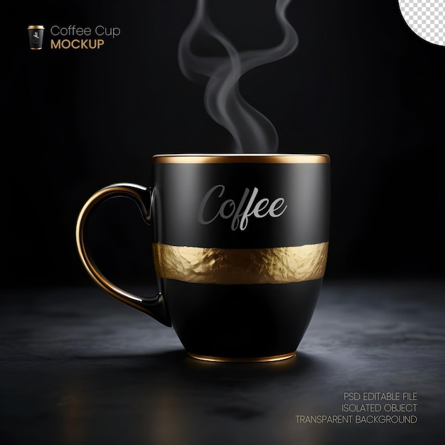 Smoky Coffee Mug Presentation 3d Transparent Ceramic Black Golden Edge Mug Design Mockup Isolated