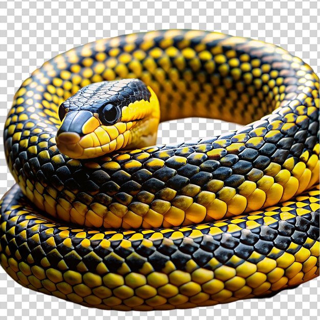 A snake with a yellow and black body and a black head on transparent background