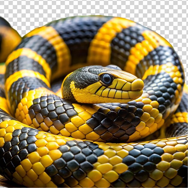 A snake with a yellow and black body and a black head on transparent background