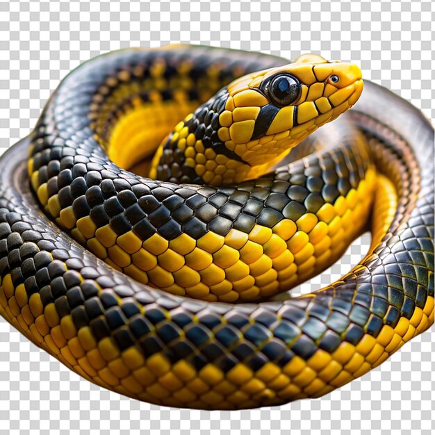 A snake with a yellow and black body and a black head on transparent background