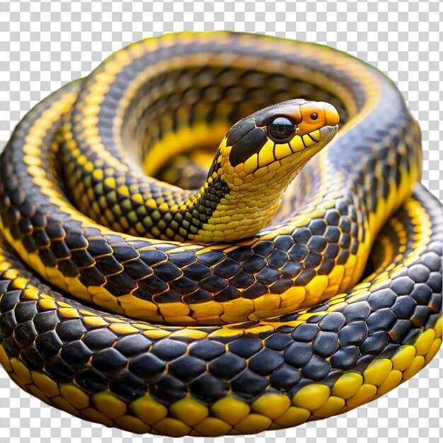 A snake with a yellow and black body and a black head on transparent background