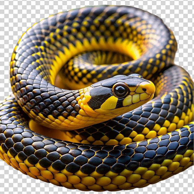 A snake with a yellow and black body and a black head on transparent background