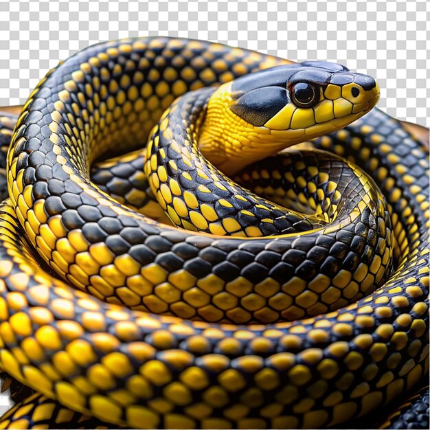 A snake with a yellow and black body and a black head on transparent background