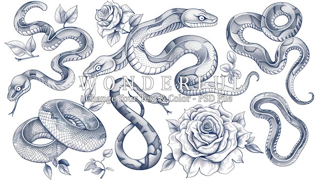 PSD snakes and roses tattoo design