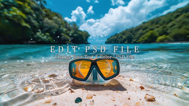 PSD snorkeling mask on a tropical beach