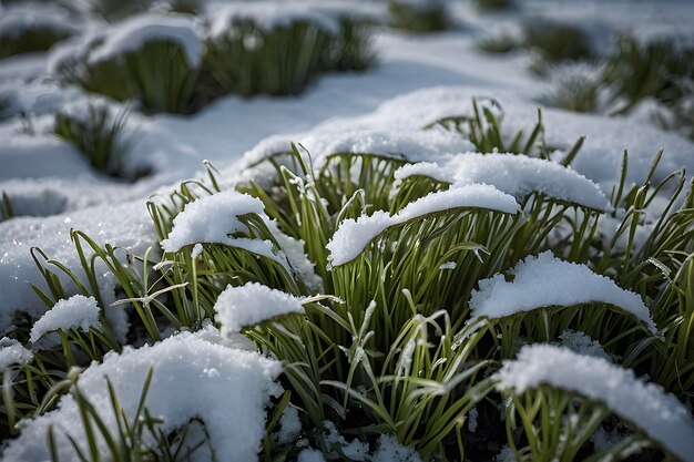 Snow covered grass emerges resilient and green