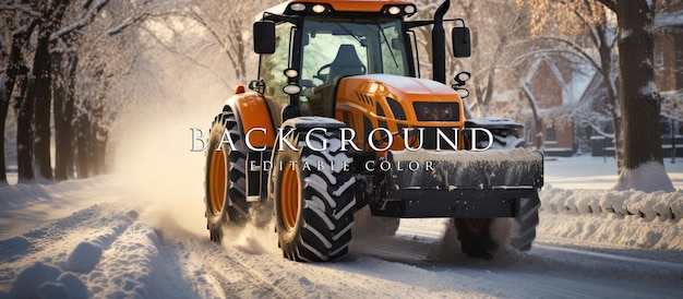 PSD snow removal tractor on the road and cleaning the sidewalk clean city roads from snow after snowstorm rain