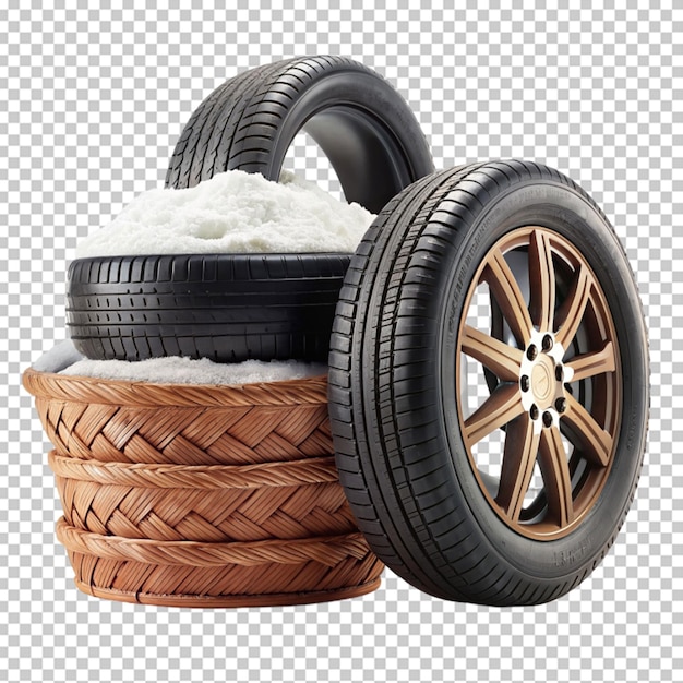 snow tyres stacked and basket on transparent background