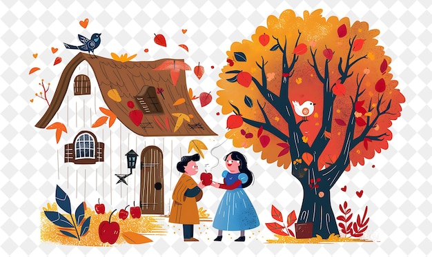 Snow Whites Cottage With Snow White and Her Prince Sharing a People Life Style Flat Illustration