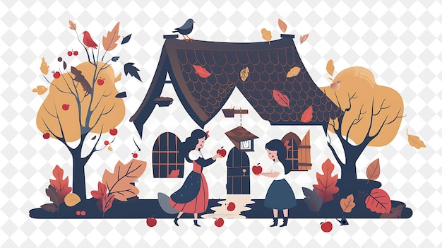 Snow Whites Cottage With Snow White and Her Prince Sharing a People Life Style Flat Illustration