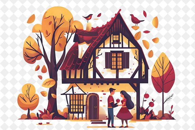 Snow Whites Cottage With Snow White and Her Prince Sharing a People Life Style Flat Illustration