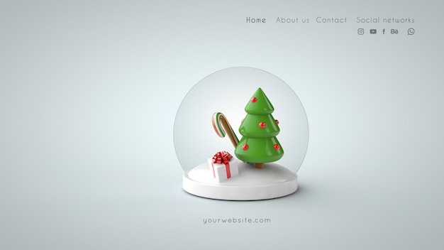 PSD snowball with christmas tree candy and gift merry christmas greeting card psd template 3d render