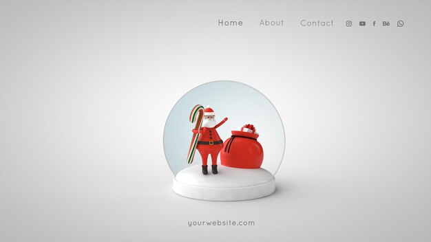 PSD snowball with santa claus candy and gift bag . merry christmas greeting card psd template. 3d render