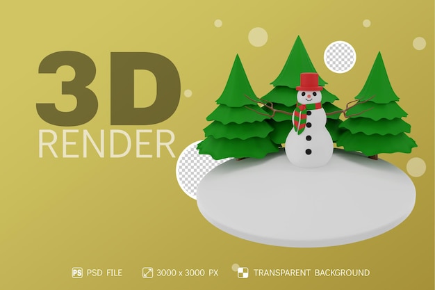 snowman and christmas tree 3D Render with isolated background