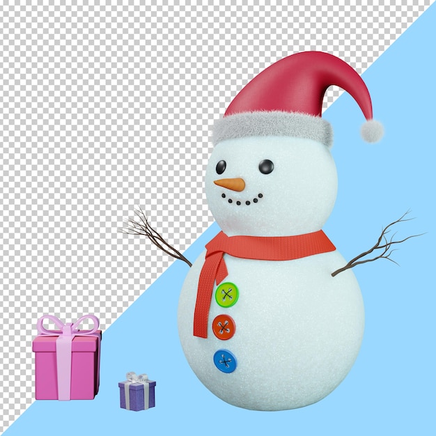 Snowman and gift boxes, 3d rendering. 3d Snowman in Santa Claus hat