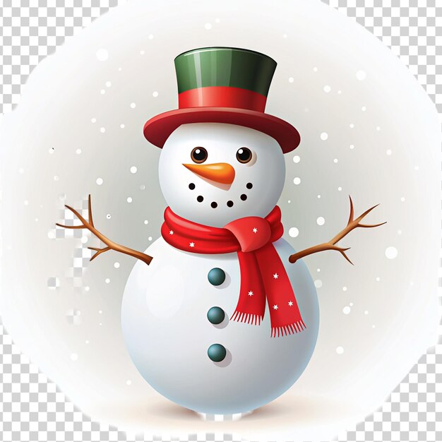 A snowman with a green hat and scarf on transparent background