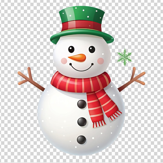 A snowman with a green hat and scarf on transparent background