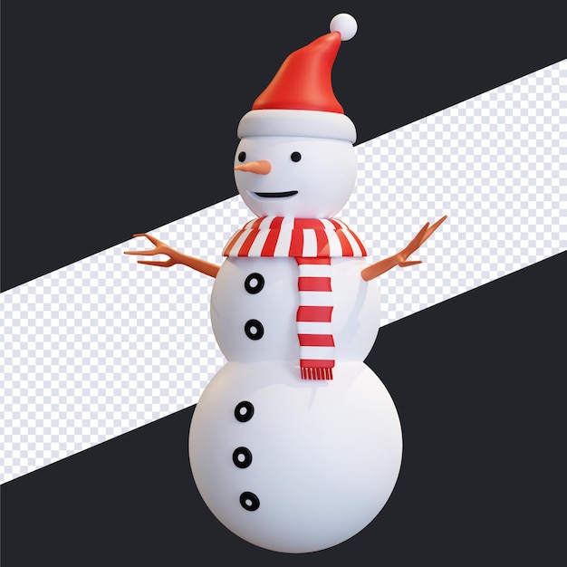 Snowman with santa hat and red striped scarf christmas 3d render illustration