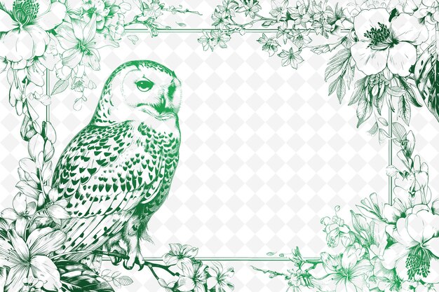 PSD snowy owl frame featuring elegant orchids and feather motifs creative vector art designs of nature