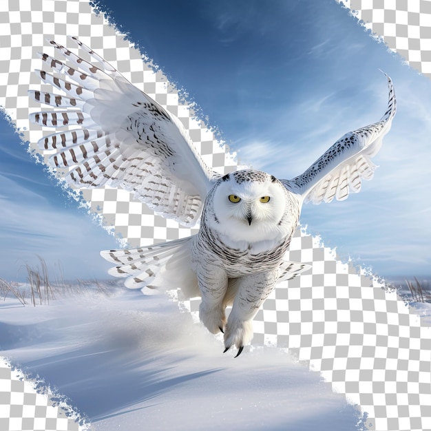 Snowy owl hunting over snow field in Canada isolated on transparent background