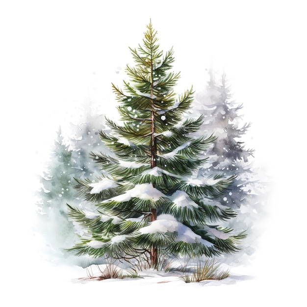 Snowy Pine Tree For Christmas Event Watercolor Style AI Generated